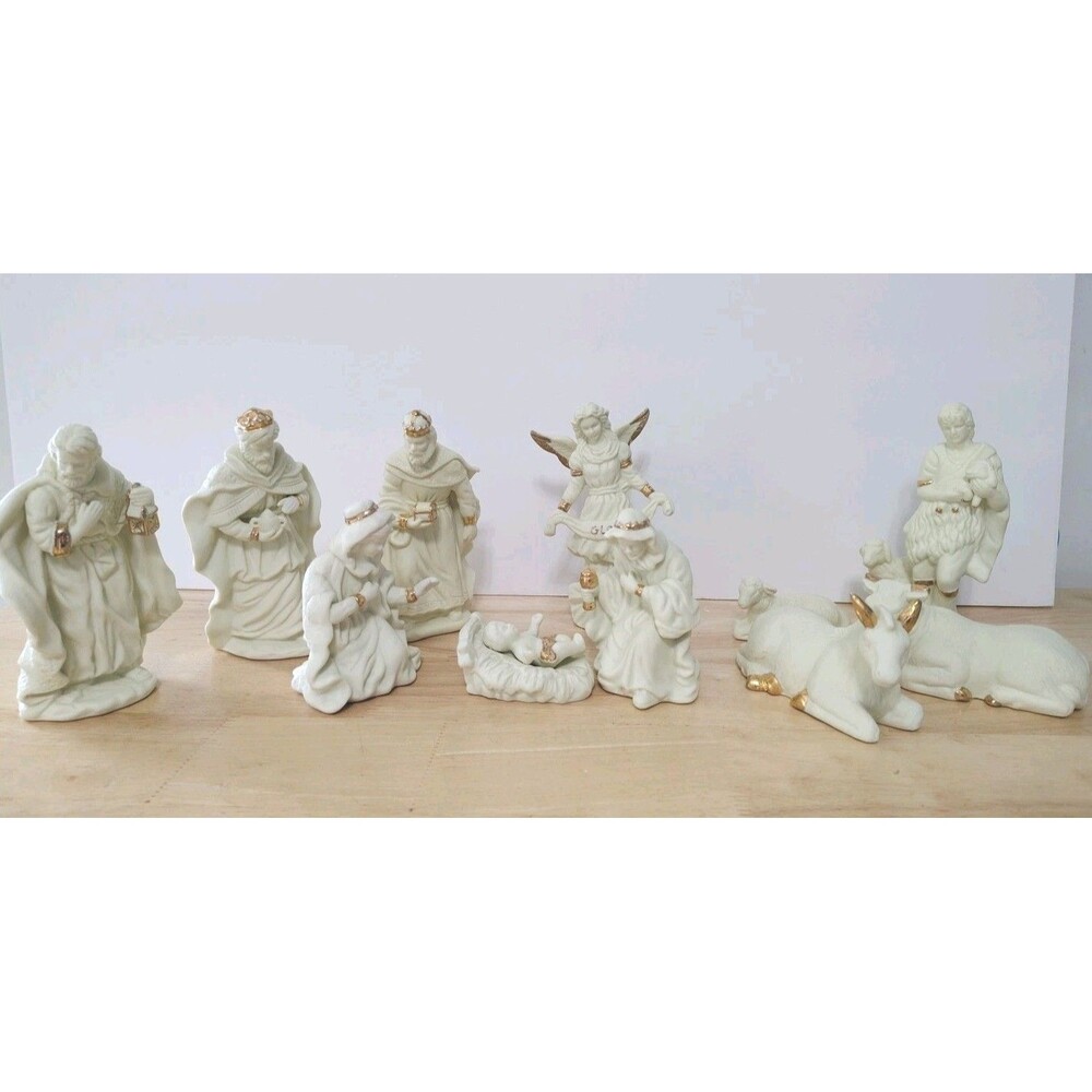 Nativity Set 11pc Porcelain White/Gold Figurines Christmas Beautiful Vintage